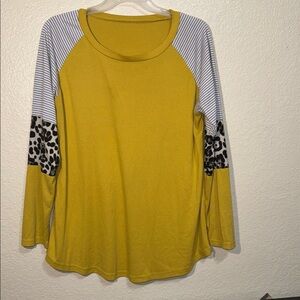 2XL Mustard Yellow Leopard & Striped Raglan Tunic Top Long Sleeve